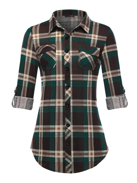 Roll Up Long Sleeve Coffee-green Women’s Collared Button Down Plaid Shirt