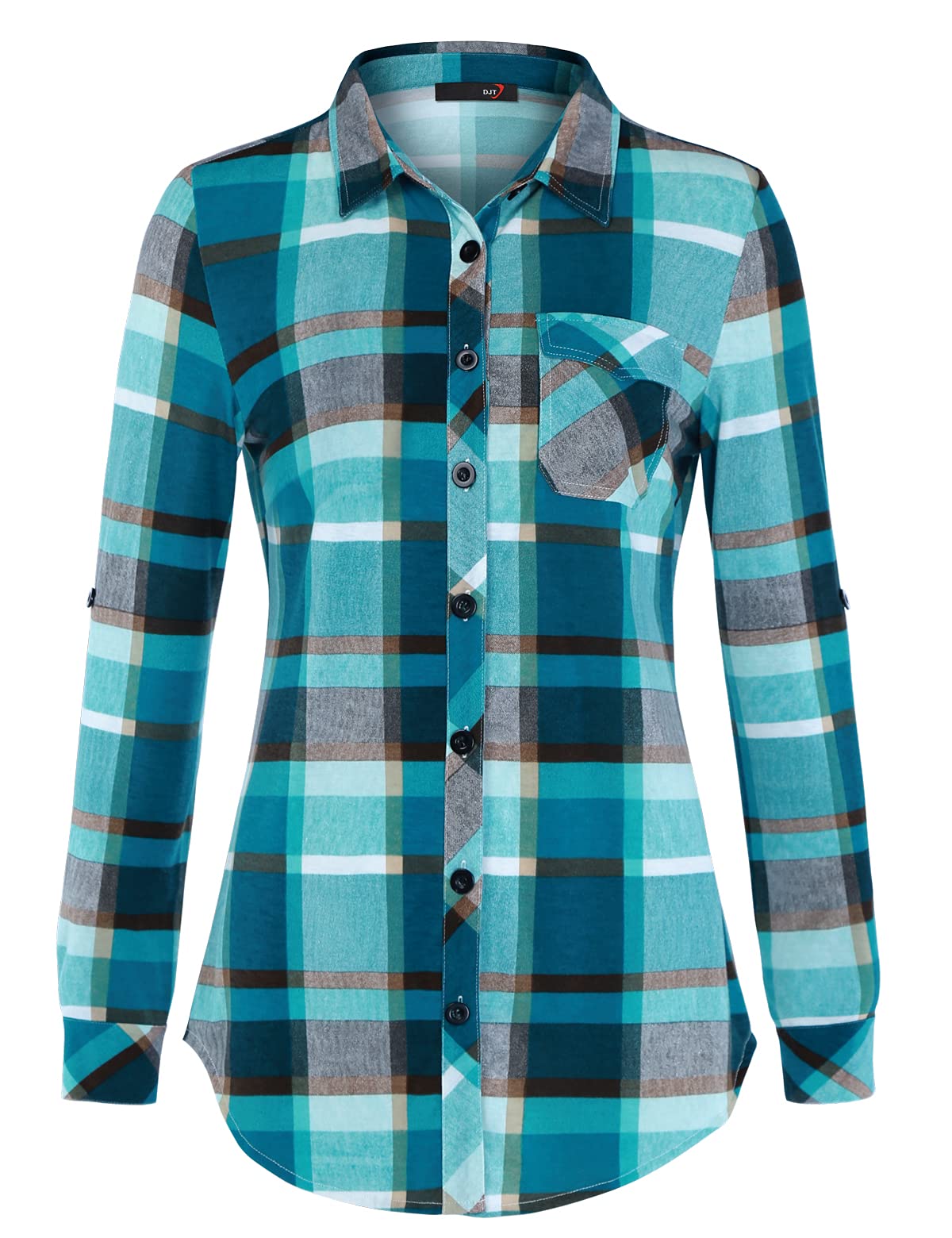 Roll Up Collared Short Sleeve Turquoise Single Pocket Women’s Button Down Plaid Shirt
