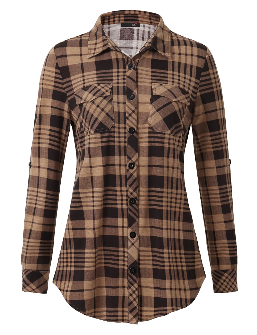 Roll Up Long Sleeve Coffee Women’s Collared Button Down Plaid Shirt