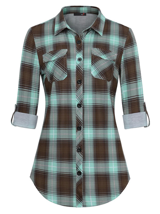 Roll Up Long Sleeve Green-Brown Women’s Collared Button Down Plaid Shirt