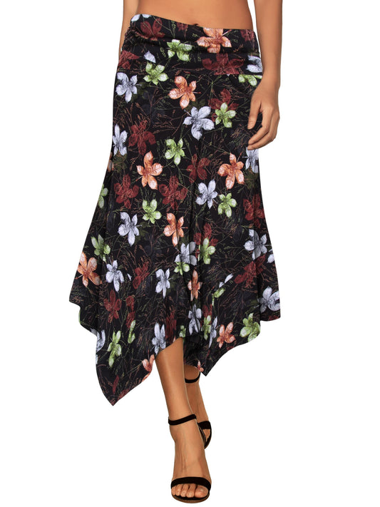 Women's Black/Blue Floral Flowy Women's Handkerchief Hemline Midi Skirt