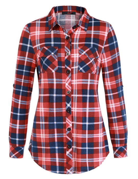 DJT Roll Up Long Sleeve Fiery Red Women’s Collared Button Down Plaid Shirt