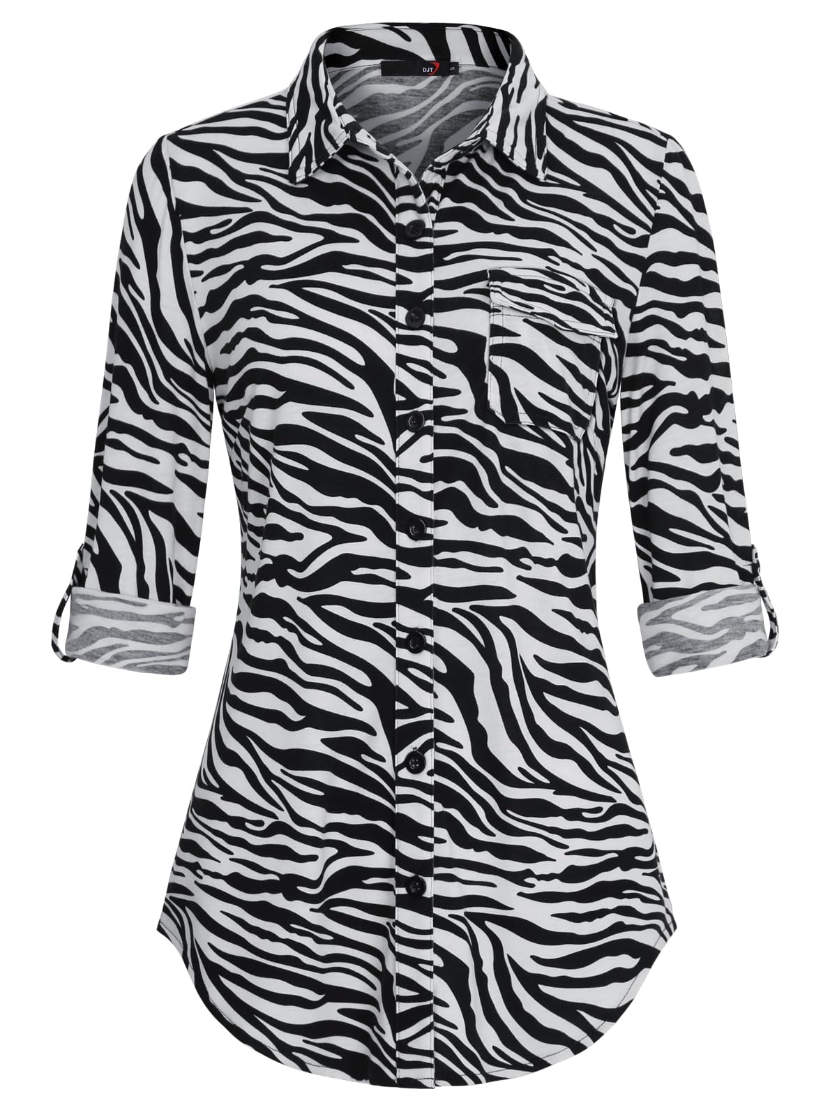 Roll Up Collared Short Sleeve Zebra Print Women’s Button Down Plaid Shirt