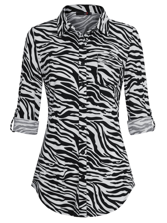 Roll Up Collared Short Sleeve Zebra Print Women’s Button Down Plaid Shirt