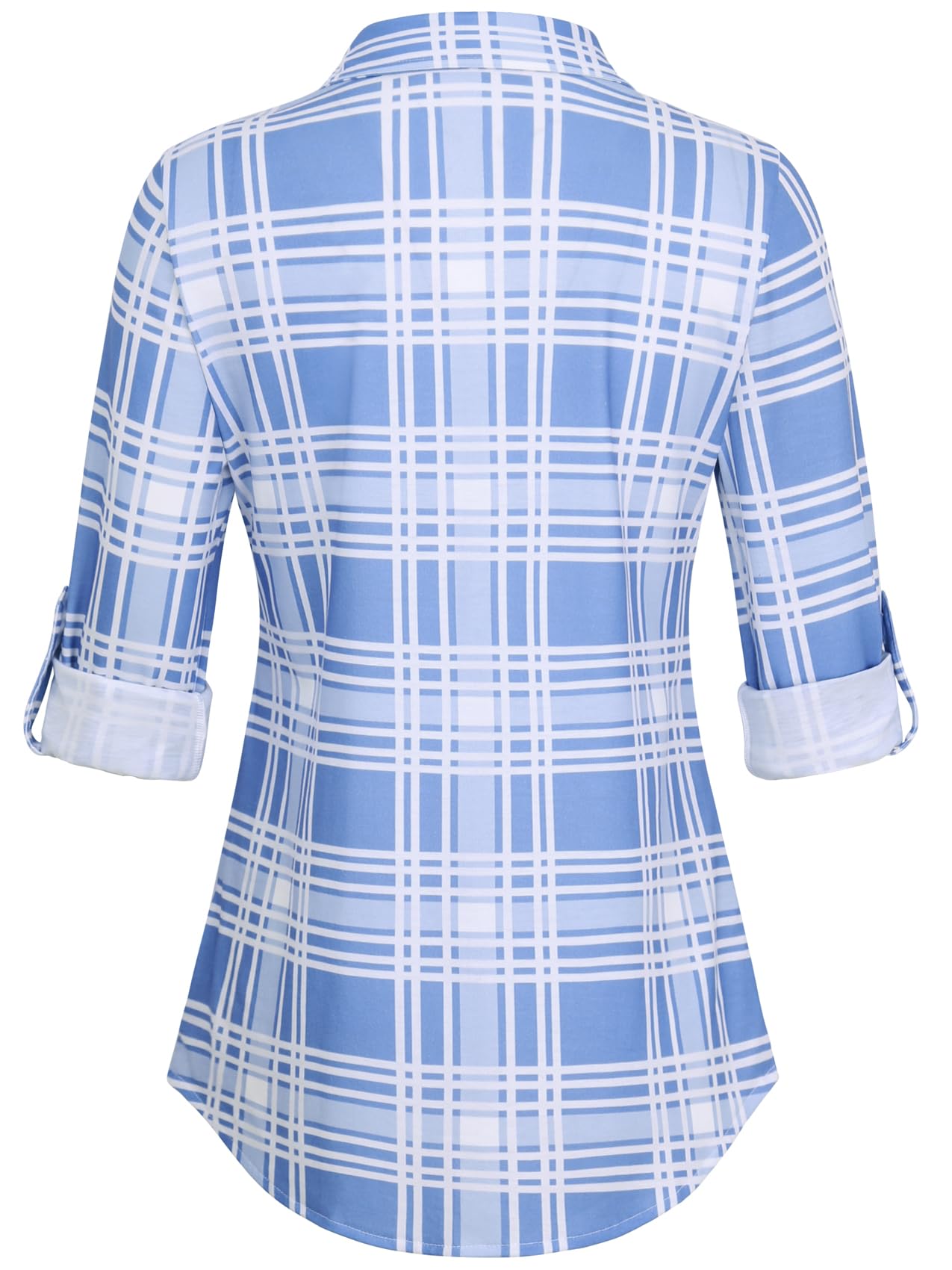 Roll Up Long Sleeve Sky-Blue Women’s Collared Button Down Plaid Shirt