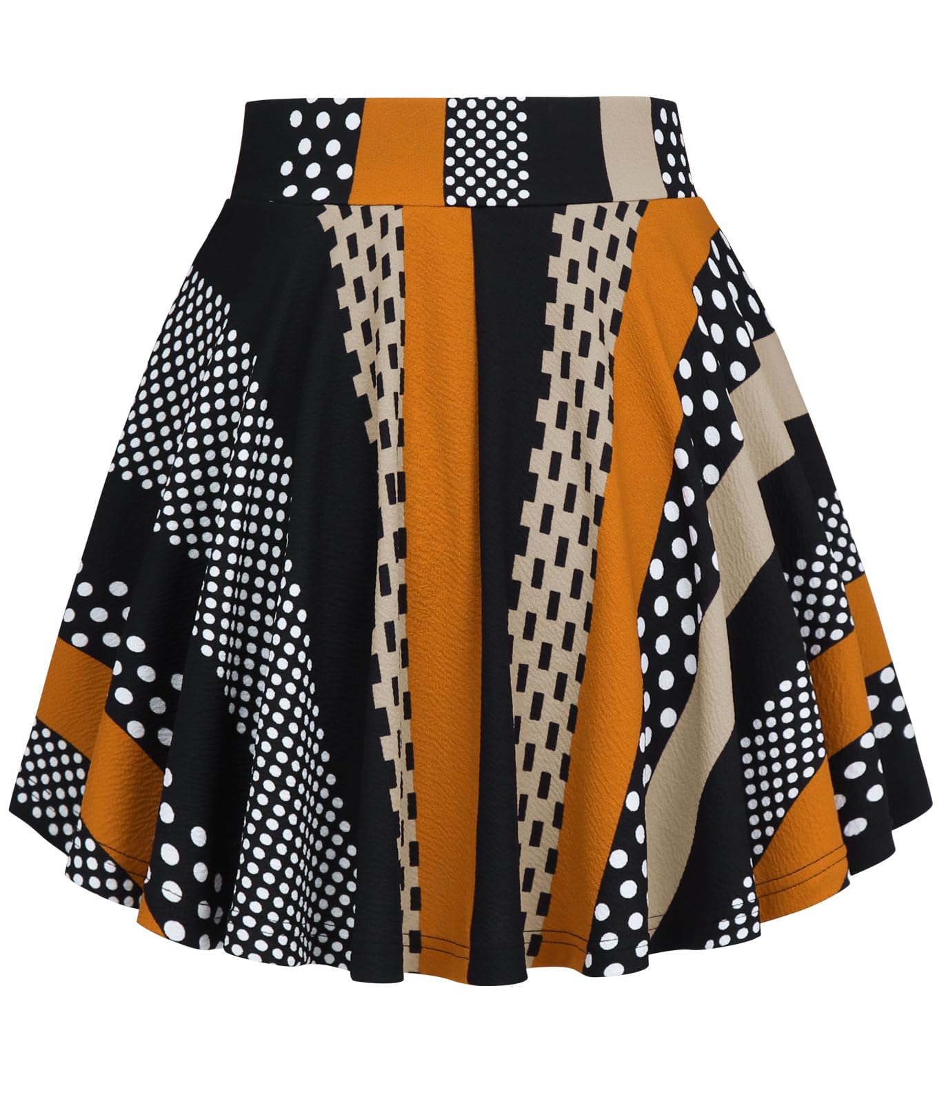 Flared Pleated Black Orange Stripe Women's Casual Stretchy Mini Skater Skirt with Shorts