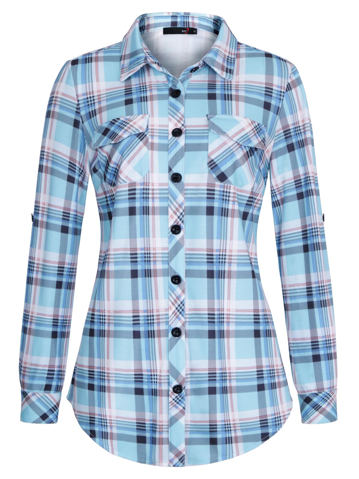 Roll Up Long Sleeve Light Blue Plaid Women’s Collared Button Down Plaid Shirt