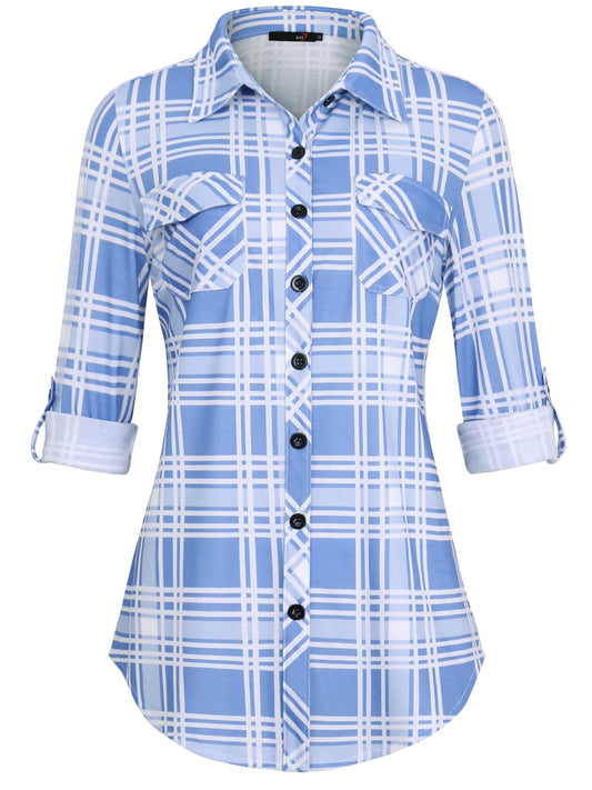 Roll Up Long Sleeve Sky-Blue Women’s Collared Button Down Plaid Shirt