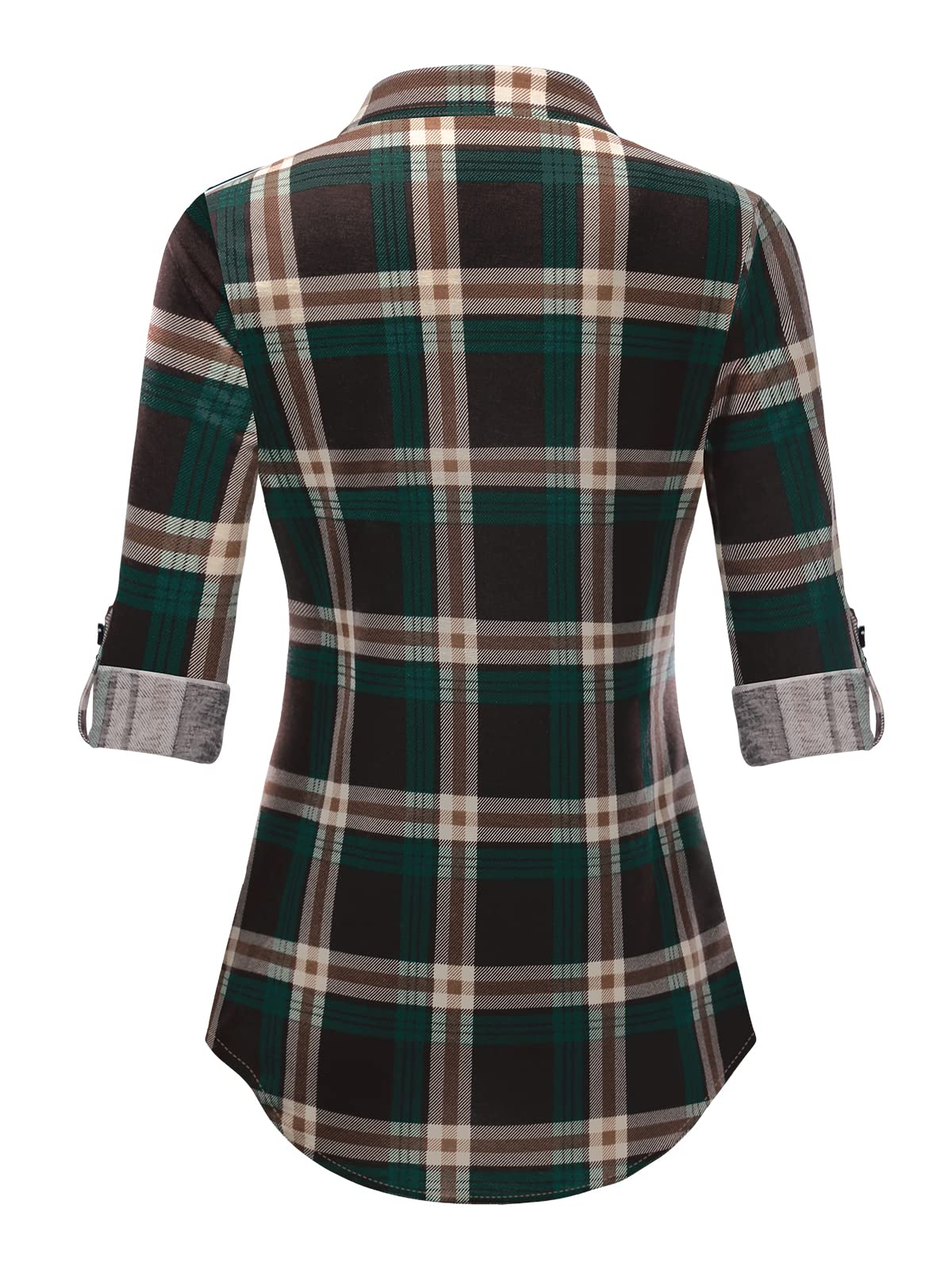 Roll Up Long Sleeve Coffee-green Women’s Collared Button Down Plaid Shirt