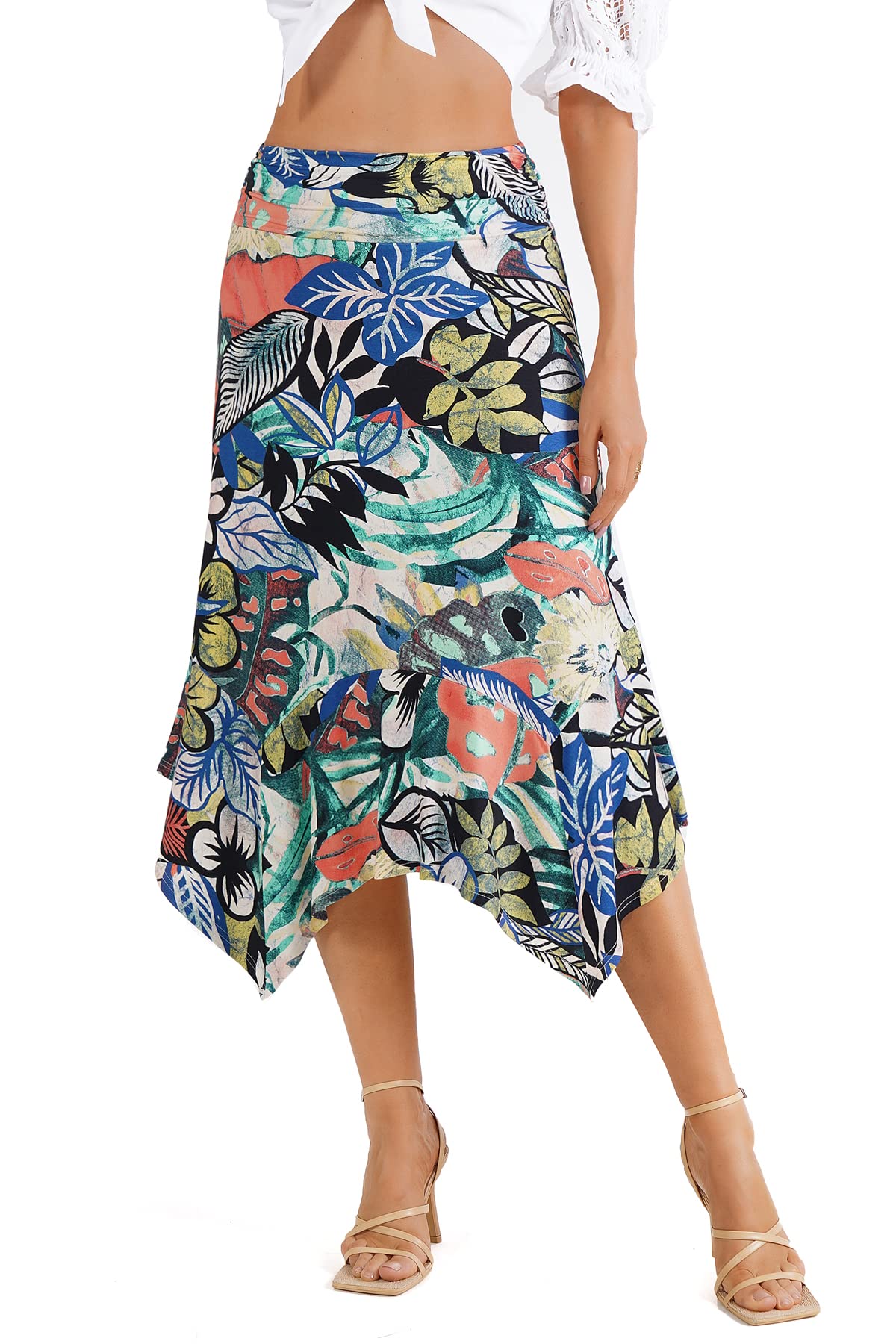 Women's Black/Blue Floral Flowy Women's Handkerchief Hemline Midi Skirt