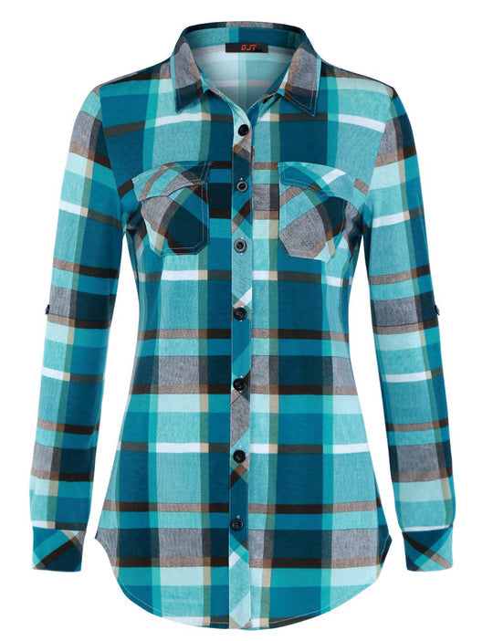 DJT Roll Up Long Sleeve Turquoise Women’s Collared Button Down Plaid Shirt