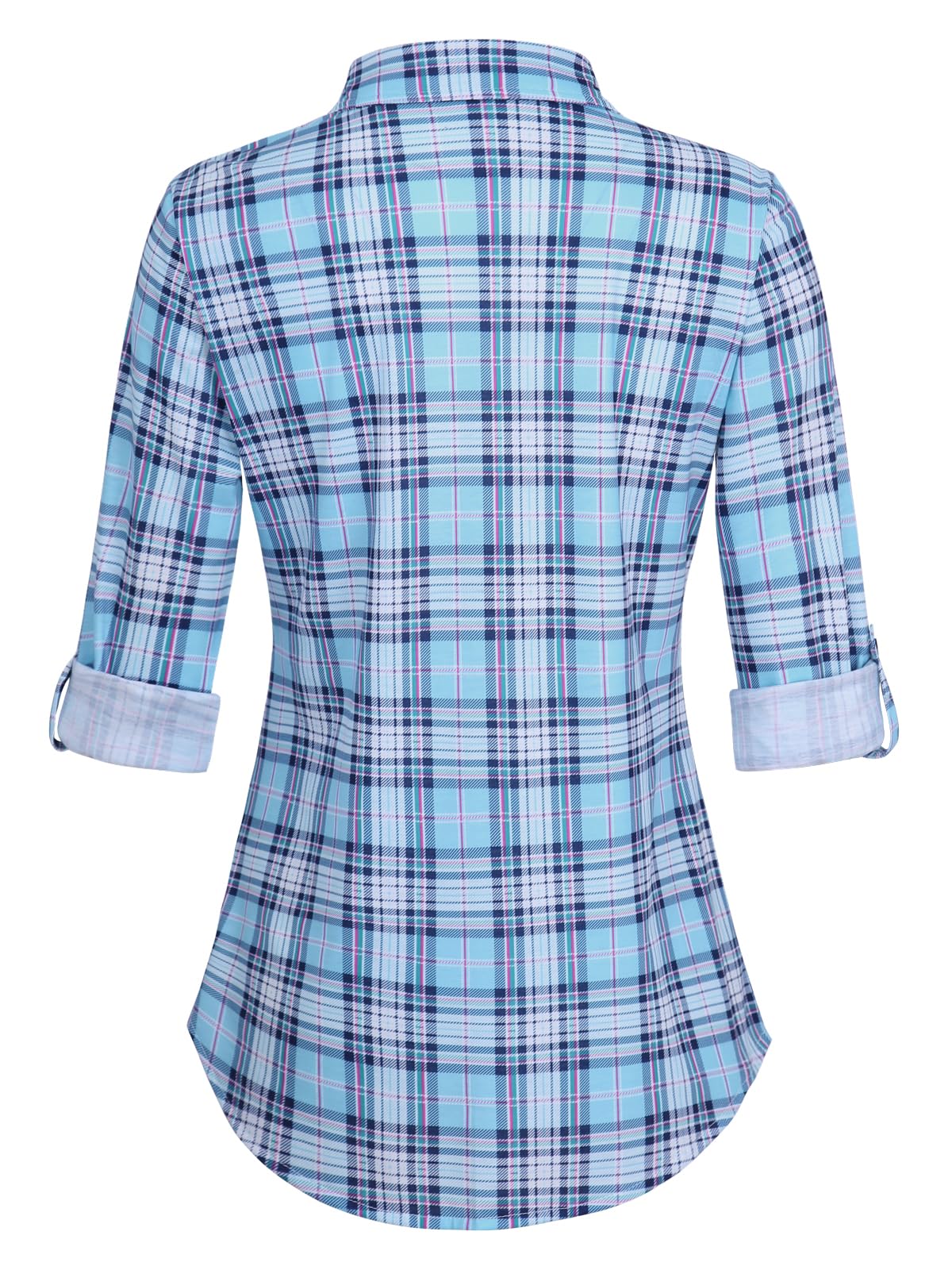 Roll Up Long Sleeve Light Blue-white Plaid Women’s Collared Button Down Plaid Shirt