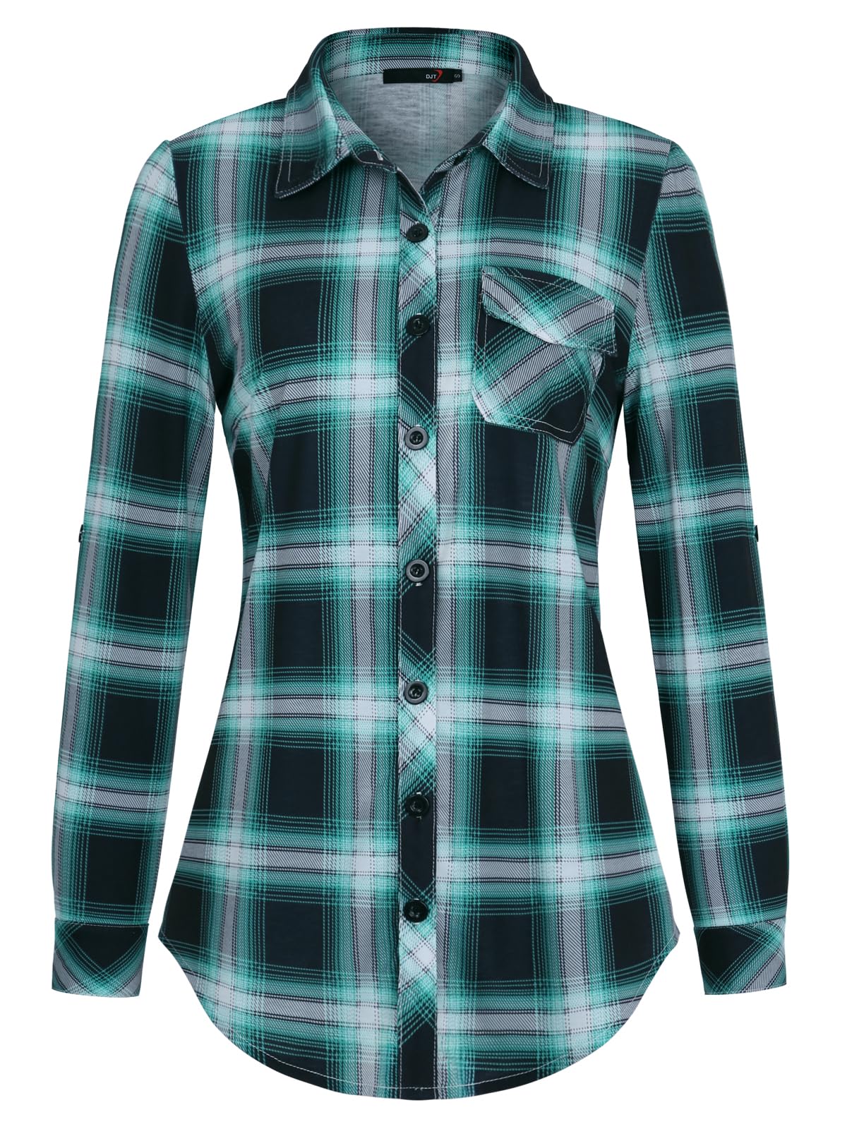Roll Up Collared Short Sleeve Aqua Plaid Women’s Button Down Plaid Shirt