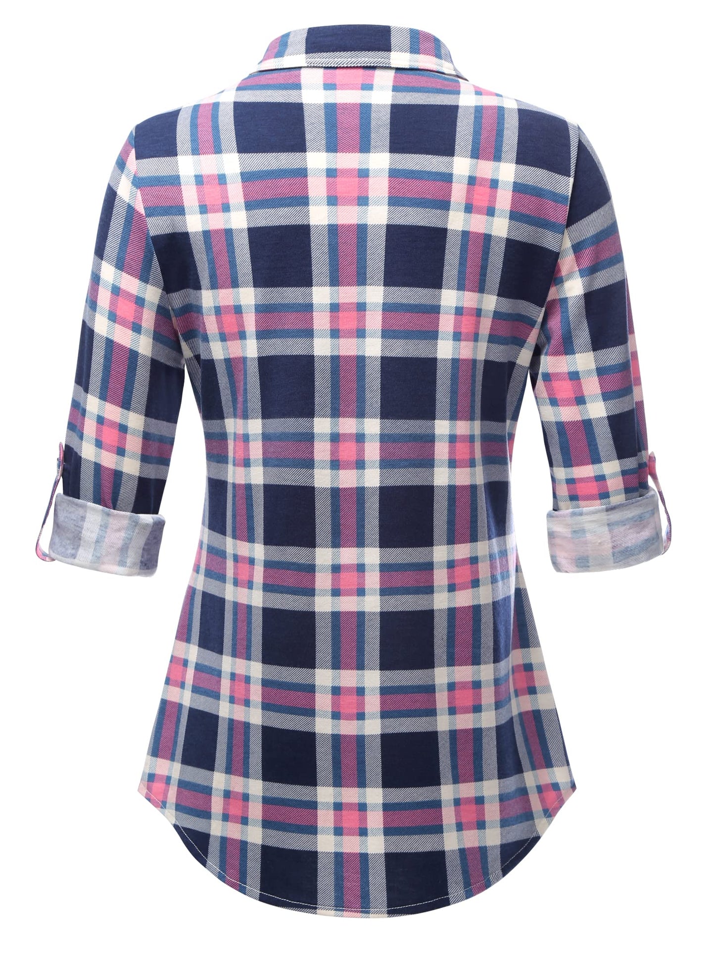 Roll Up Long Sleeve Blue-pink Women’s Collared Button Down Plaid Shirt