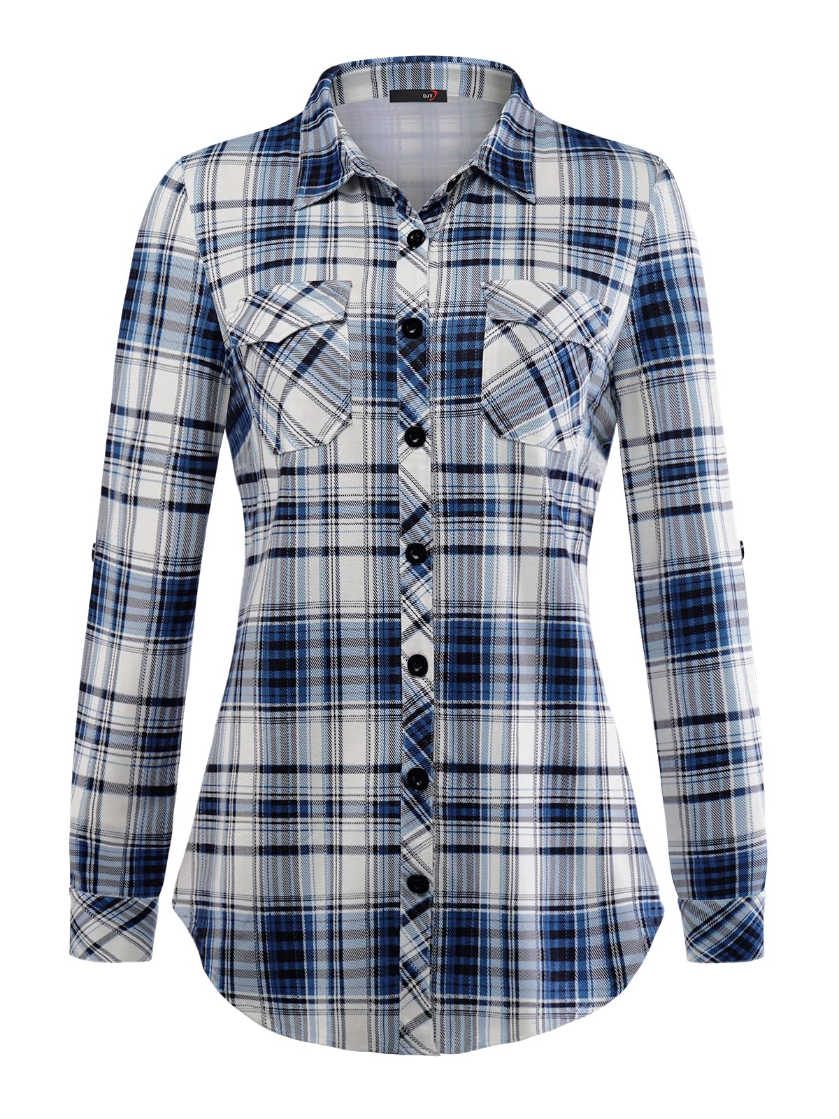 Roll Up Long Sleeve Upgrade Thicken Fabric-blue Plaid Women’s Collared Button Down Plaid Shirt