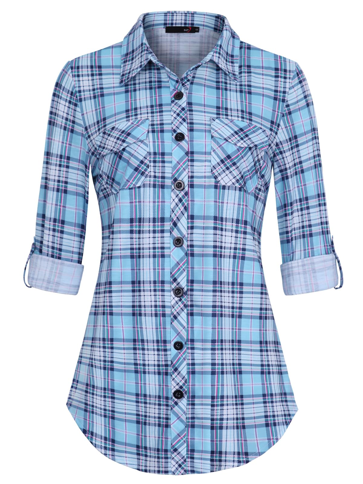 Roll Up Long Sleeve Light Blue-white Plaid Women’s Collared Button Down Plaid Shirt