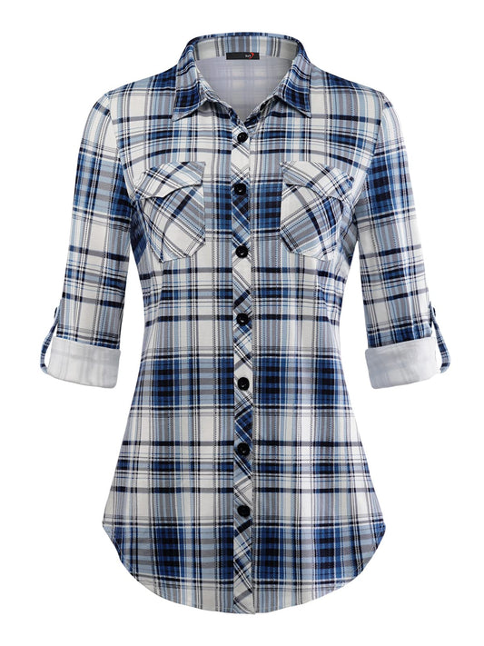 Roll Up Long Sleeve Upgrade Thicken Fabric-blue Plaid Women’s Collared Button Down Plaid Shirt