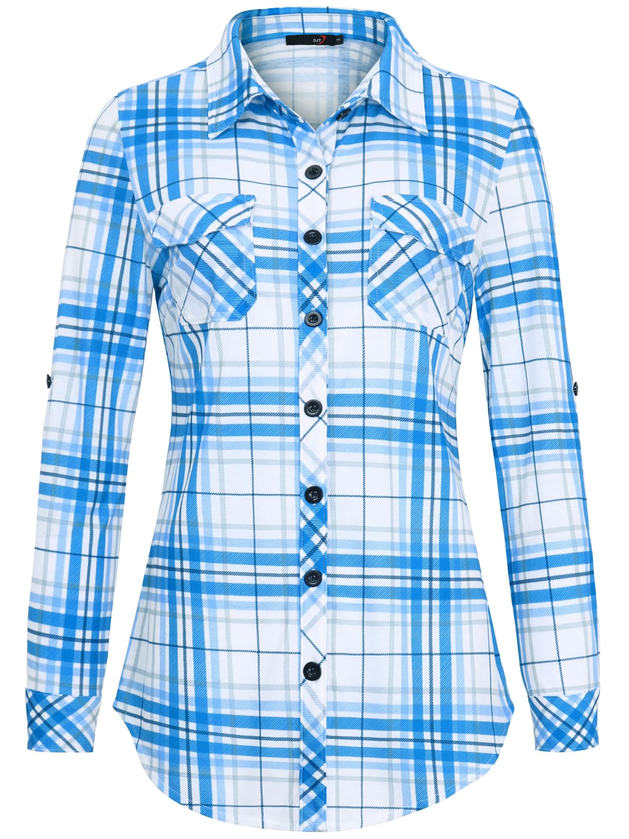 Roll Up Long Sleeve Blue-White Plaid Women’s Collared Button Down Plaid Shirt