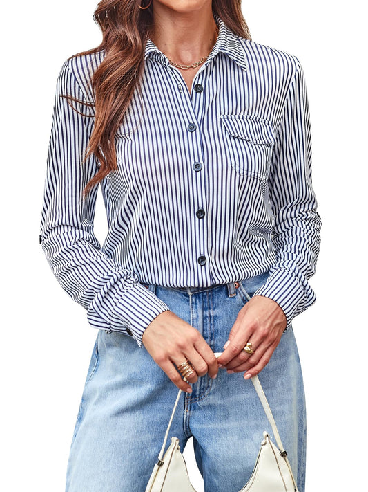 Roll Up Collared Short Sleeve Blue Stripes Women’s Button Down Plaid Shirt
