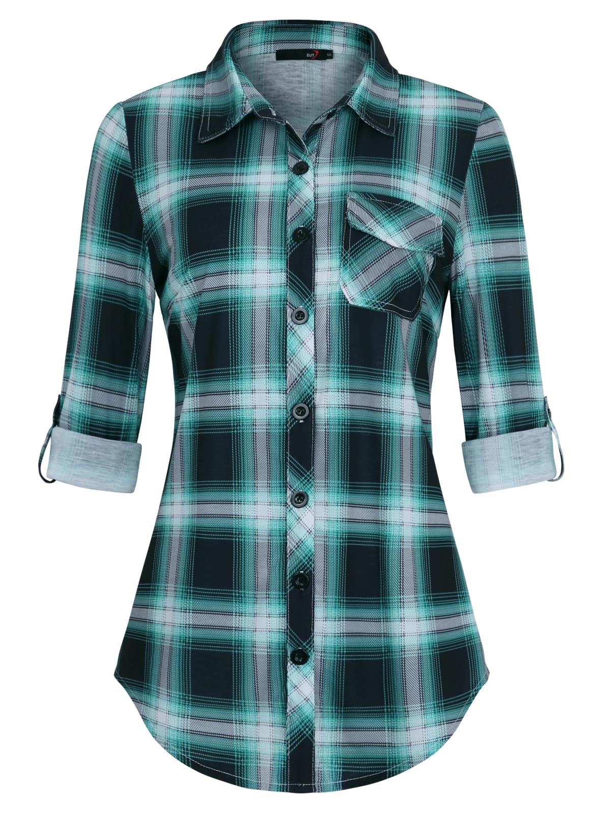 Roll Up Collared Short Sleeve Aqua Plaid Women’s Button Down Plaid Shirt