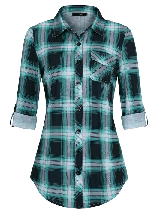 Roll Up Collared Short Sleeve Aqua Plaid Women’s Button Down Plaid Shirt