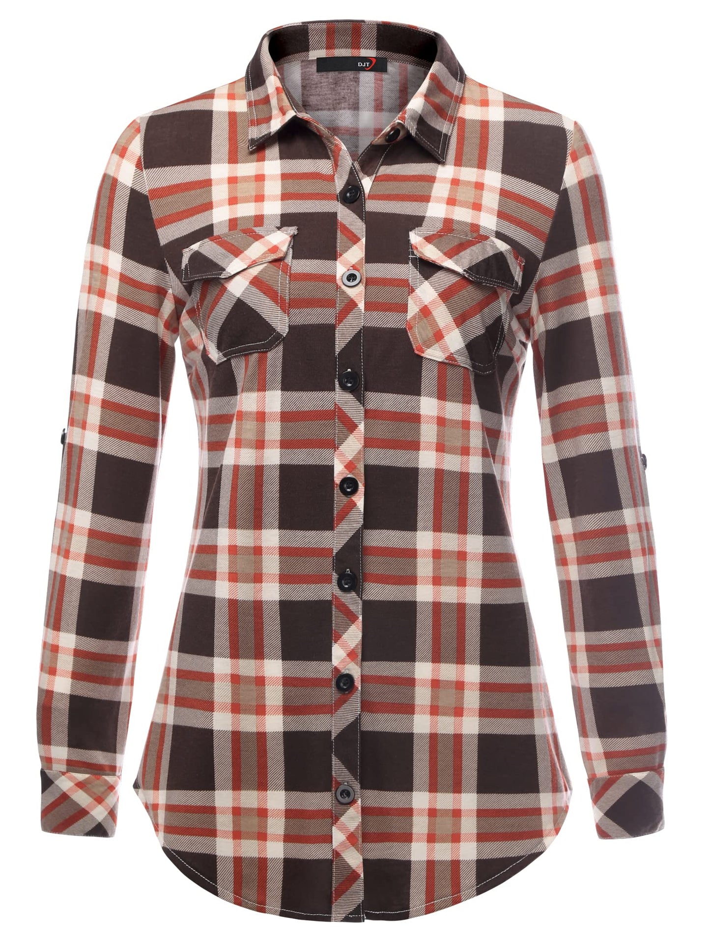 Roll Up Long Sleeve Dark Coffee Women’s Collared Button Down Plaid Shirt