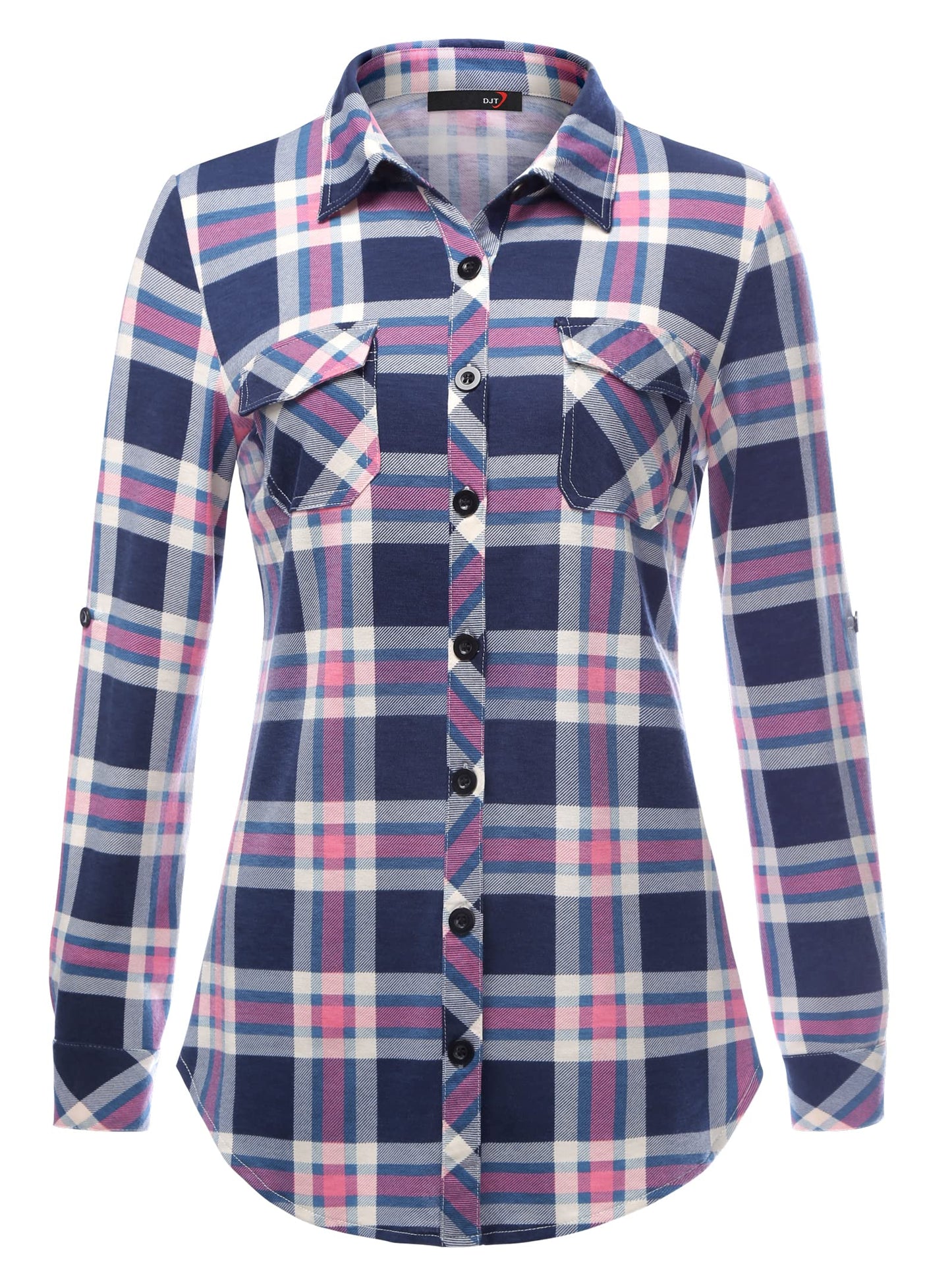 Roll Up Long Sleeve Blue-pink Women’s Collared Button Down Plaid Shirt