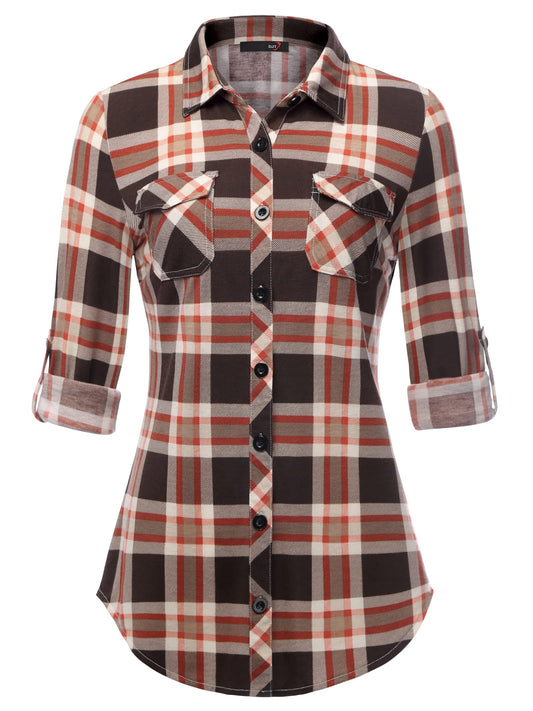 Roll Up Long Sleeve Dark Coffee Women’s Collared Button Down Plaid Shirt