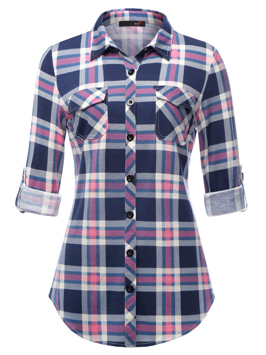 Roll Up Long Sleeve Blue-pink Women’s Collared Button Down Plaid Shirt