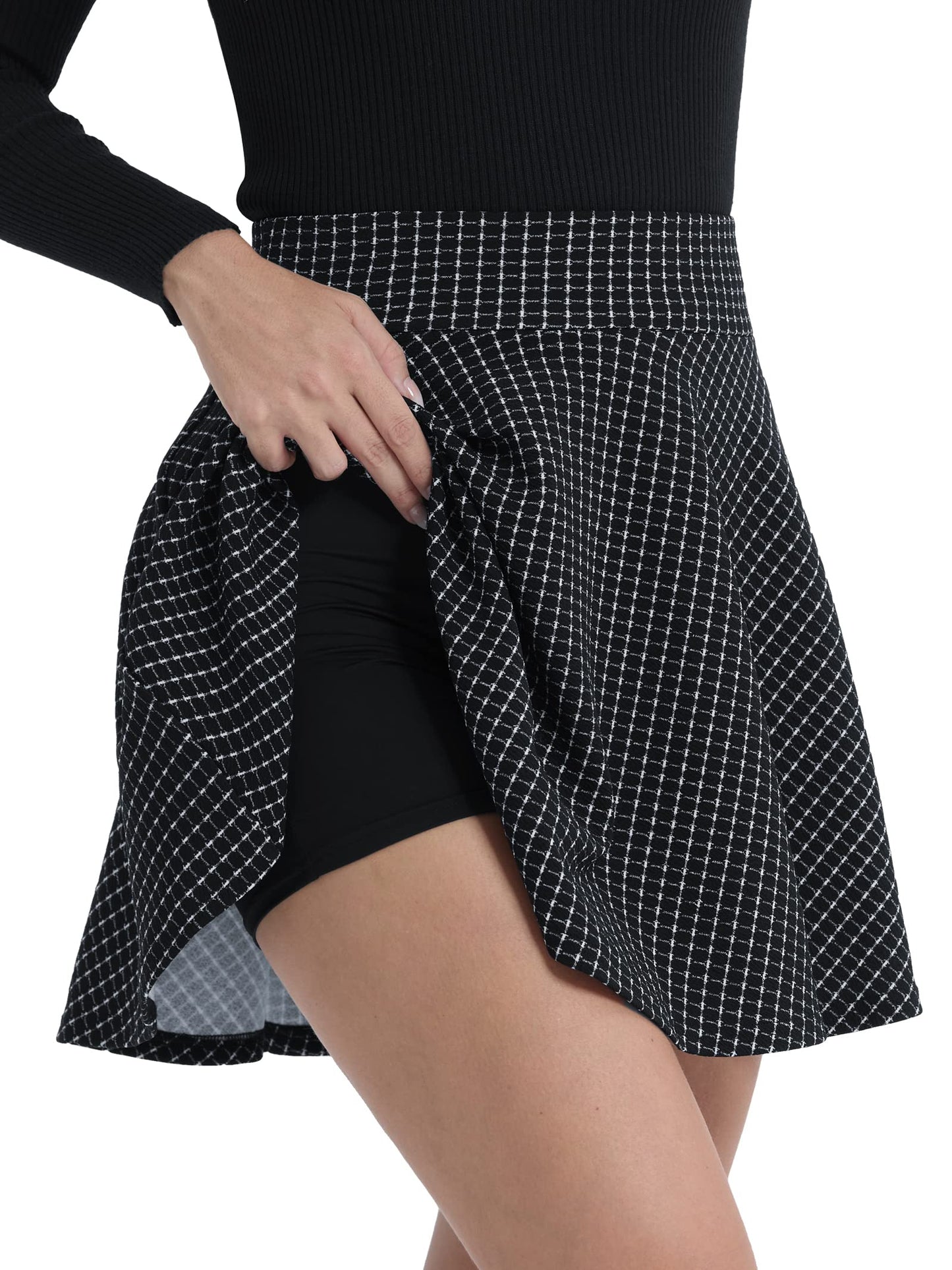 Flared Pleated Black Checked Women's Casual Stretchy Mini Skater Skirt with Shorts