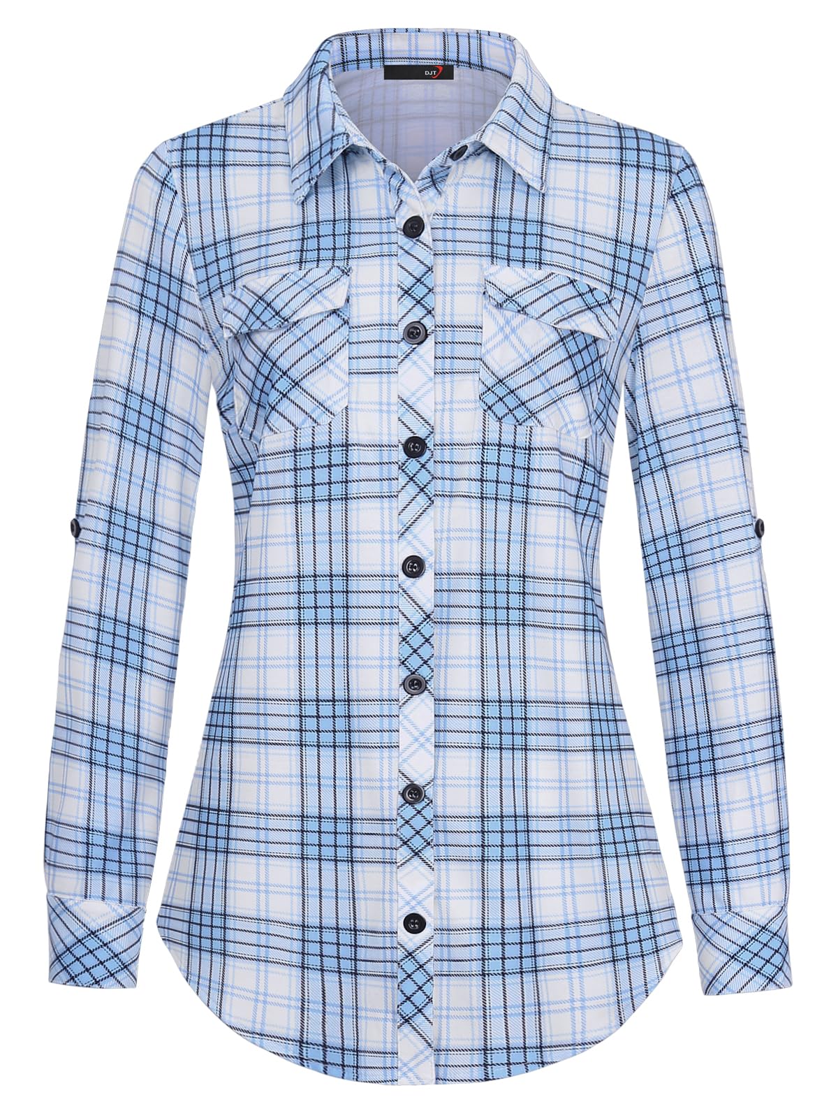Roll Up Long Sleeve Blue-White Women’s Collared Button Down Plaid Shirt