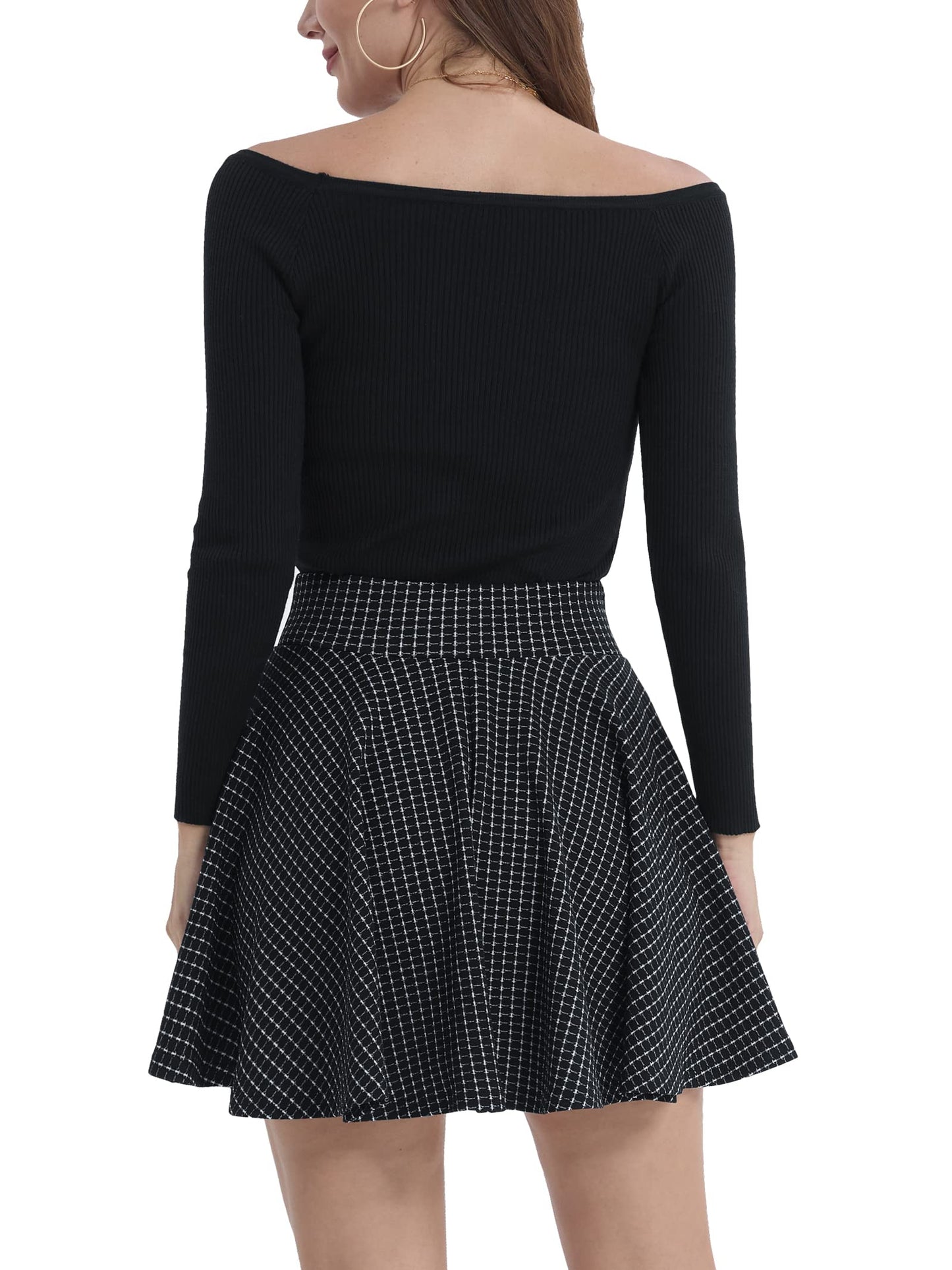 Flared Pleated Black Checked Women's Casual Stretchy Mini Skater Skirt with Shorts