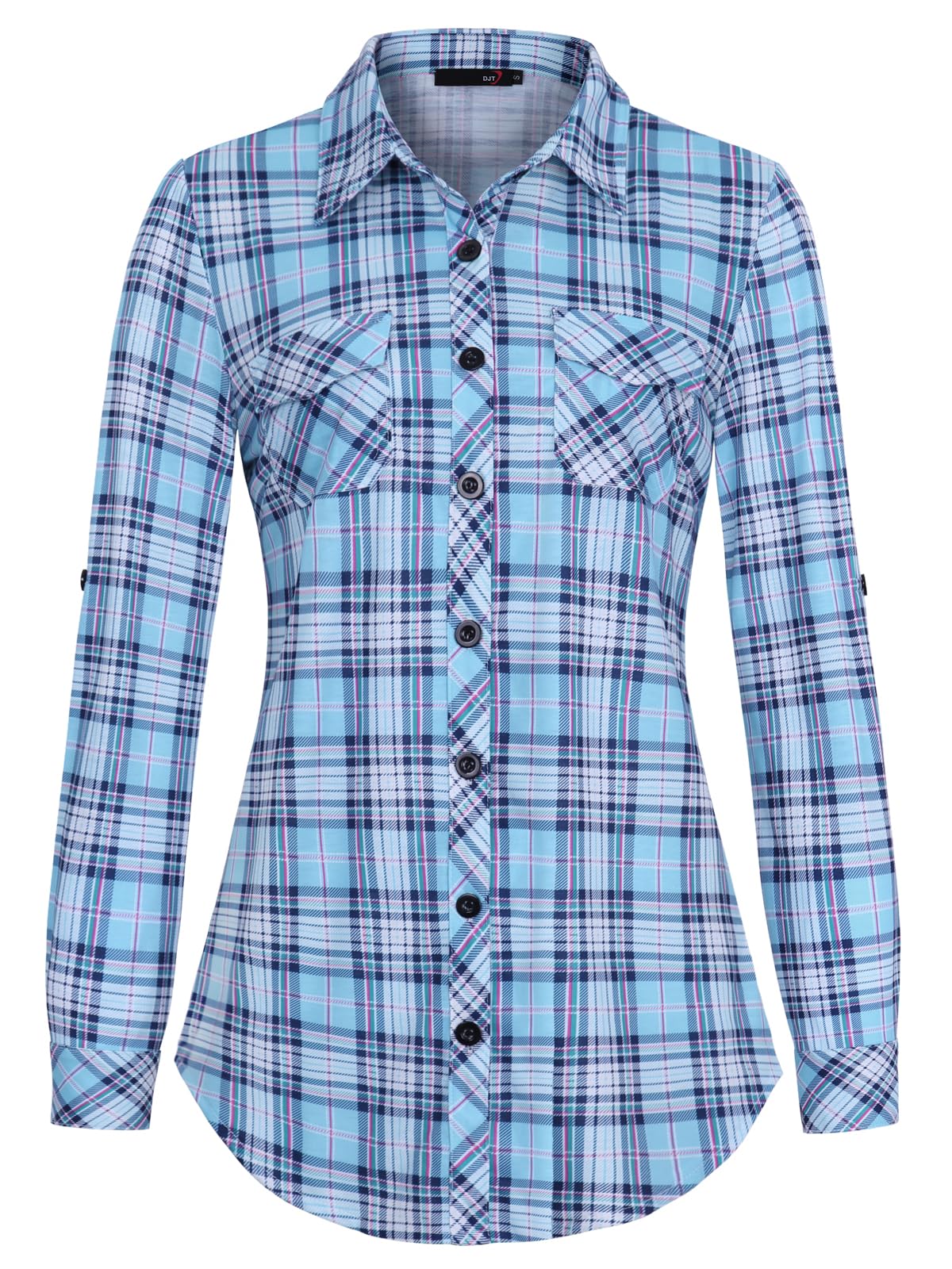 Roll Up Long Sleeve Light Blue-white Plaid Women’s Collared Button Down Plaid Shirt