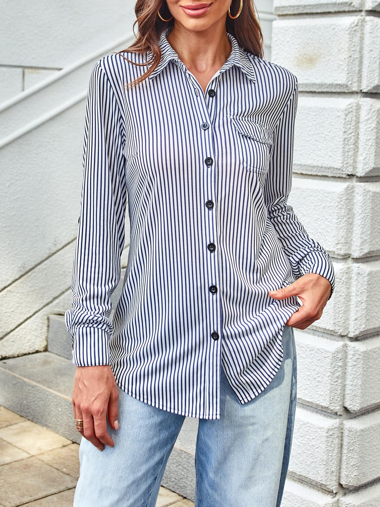Roll Up Collared Short Sleeve Blue Stripes Women’s Button Down Plaid Shirt