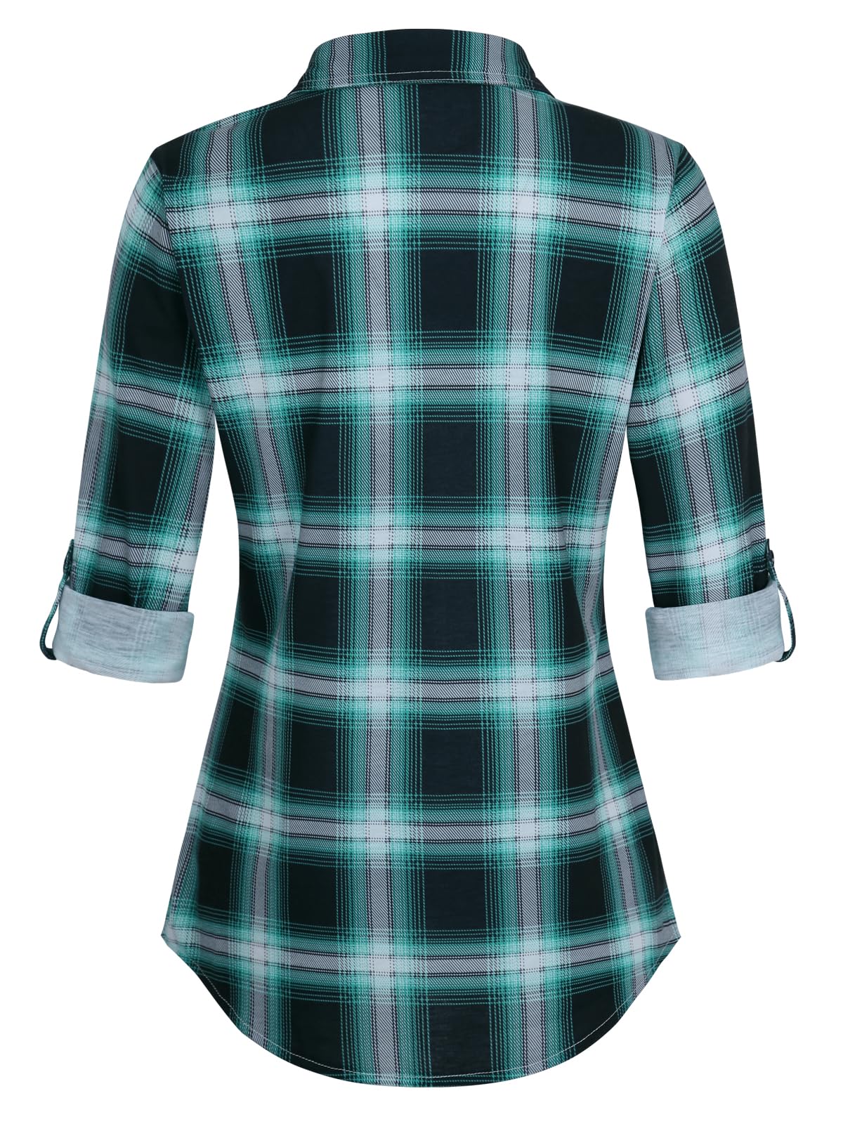 Roll Up Collared Short Sleeve Aqua Plaid Women’s Button Down Plaid Shirt
