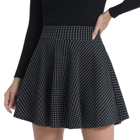 Flared Pleated Black Checked Women's Casual Stretchy Mini Skater Skirt with Shorts