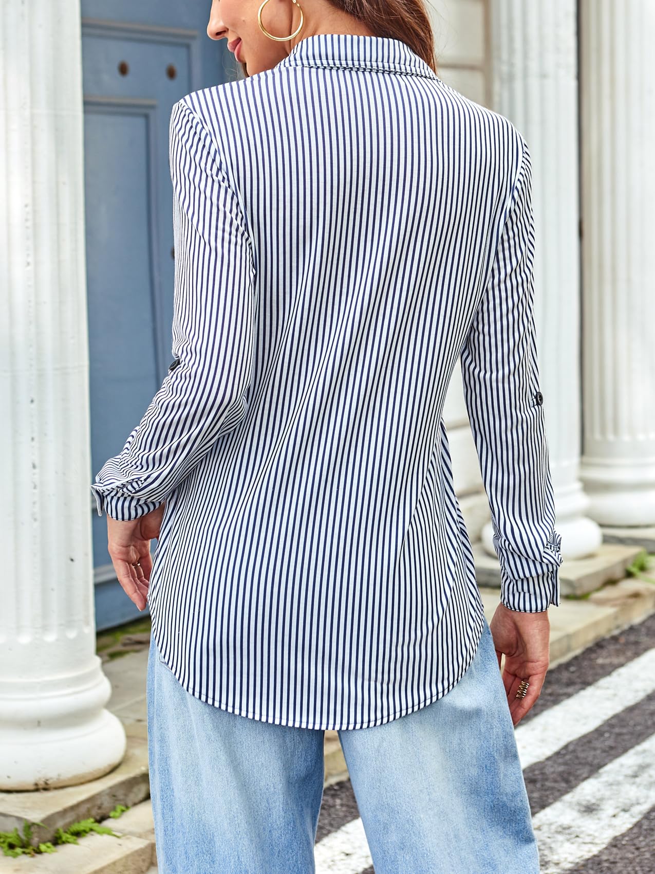 Roll Up Collared Short Sleeve Blue Stripes Women’s Button Down Plaid Shirt