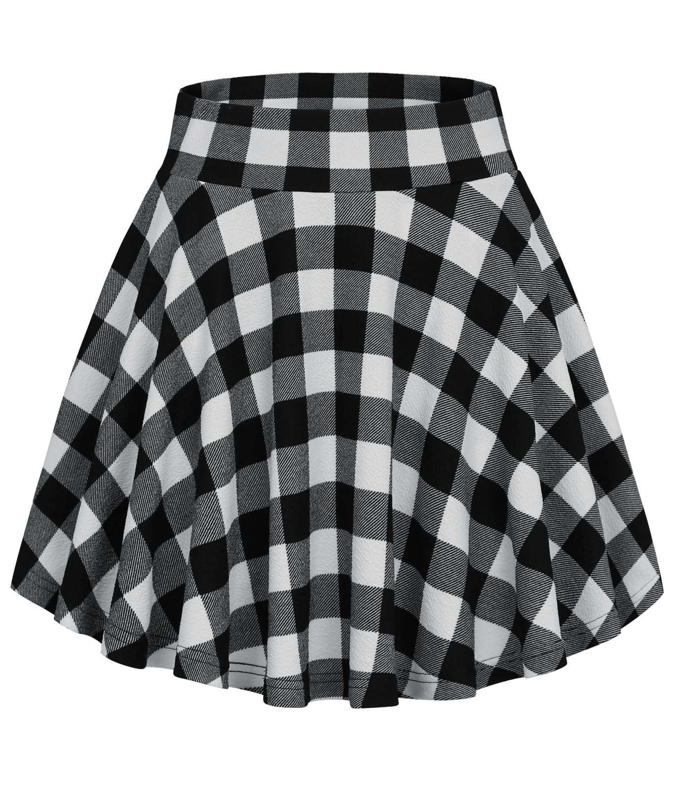 Flared Pleated Black&White Plaid Women's Casual Stretchy Mini Skater Skirt with Shorts