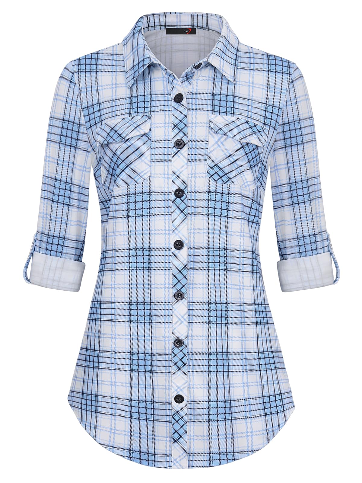 Roll Up Long Sleeve Blue-White Women’s Collared Button Down Plaid Shirt