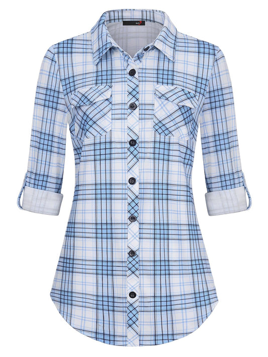 Roll Up Long Sleeve Blue-White Women’s Collared Button Down Plaid Shirt