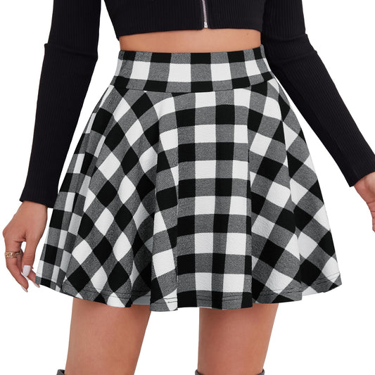 Flared Pleated Black&White Plaid Women's Casual Stretchy Mini Skater Skirt with Shorts
