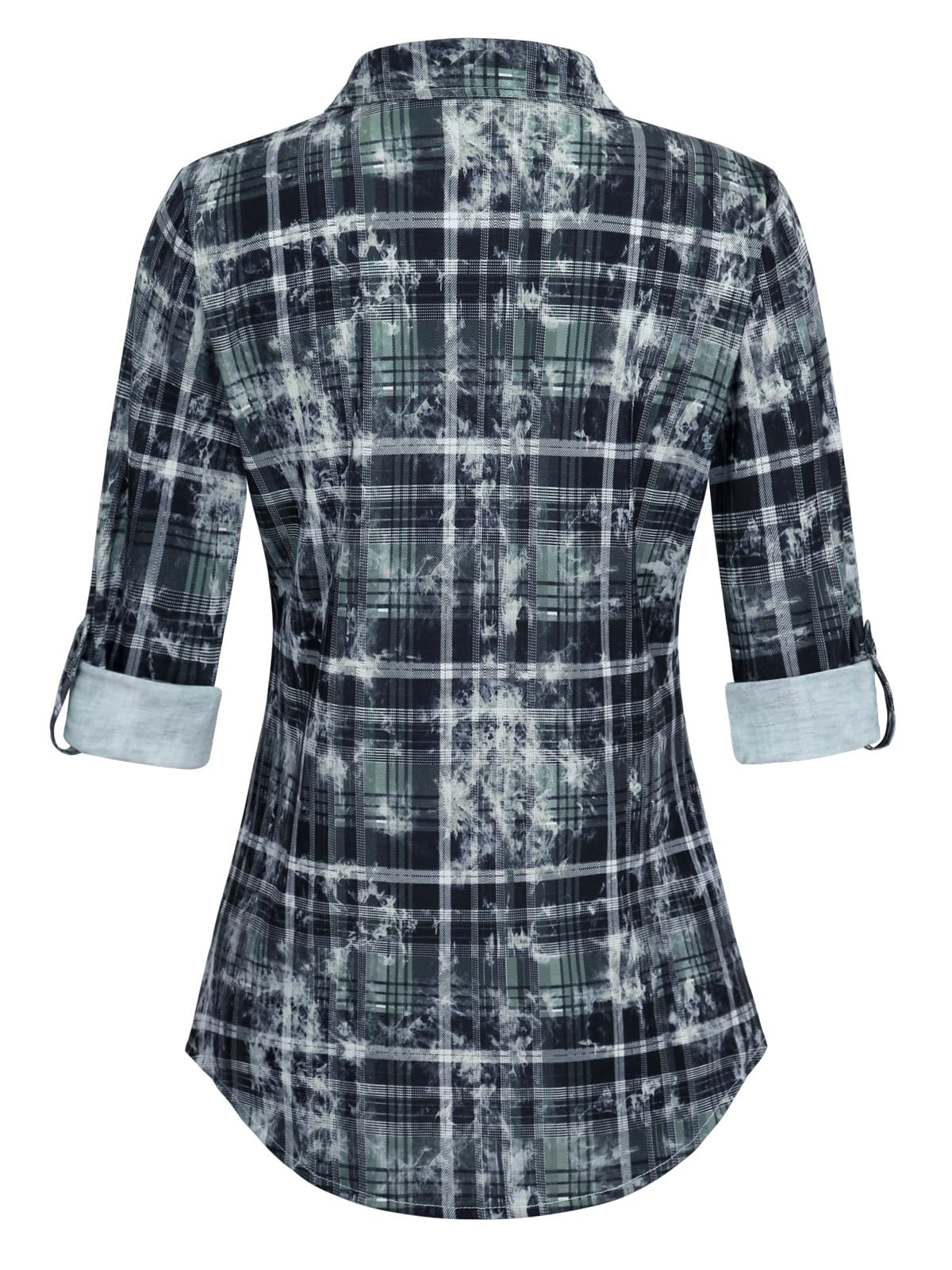 Roll Up Collared Short Sleeve Distressed Black Plaid Women’s Button Down Plaid Shirt