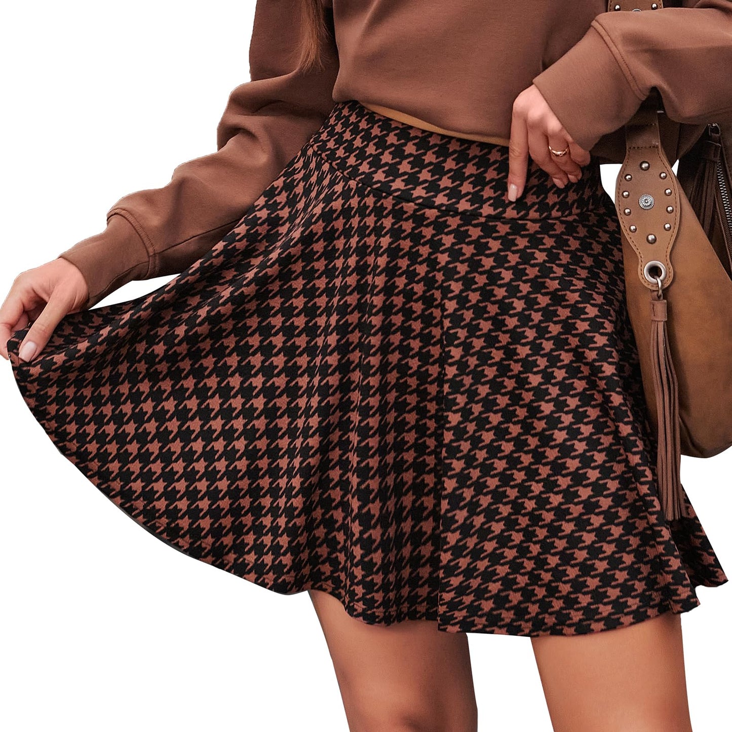 Flared Pleated Black and Brown Women's Casual Stretchy Mini Skater Skirt with Shorts