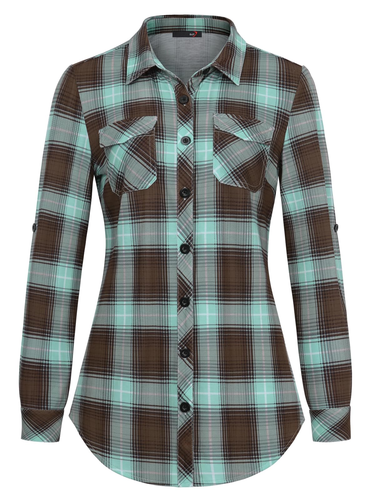 Roll Up Long Sleeve Green-Brown Women’s Collared Button Down Plaid Shirt