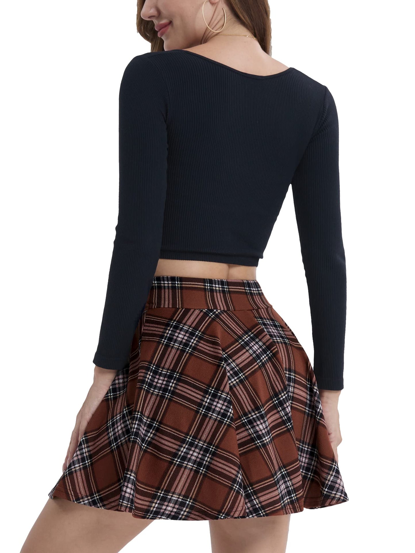 Flared Pleated Brown Plaid Women's Casual Stretchy Mini Skater Skirt with Shorts