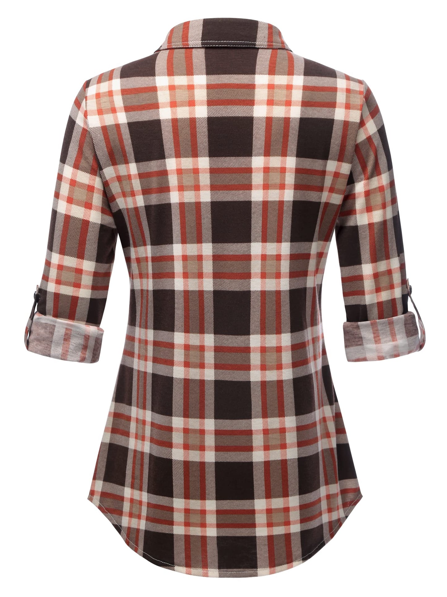 Roll Up Long Sleeve Dark Coffee Women’s Collared Button Down Plaid Shirt