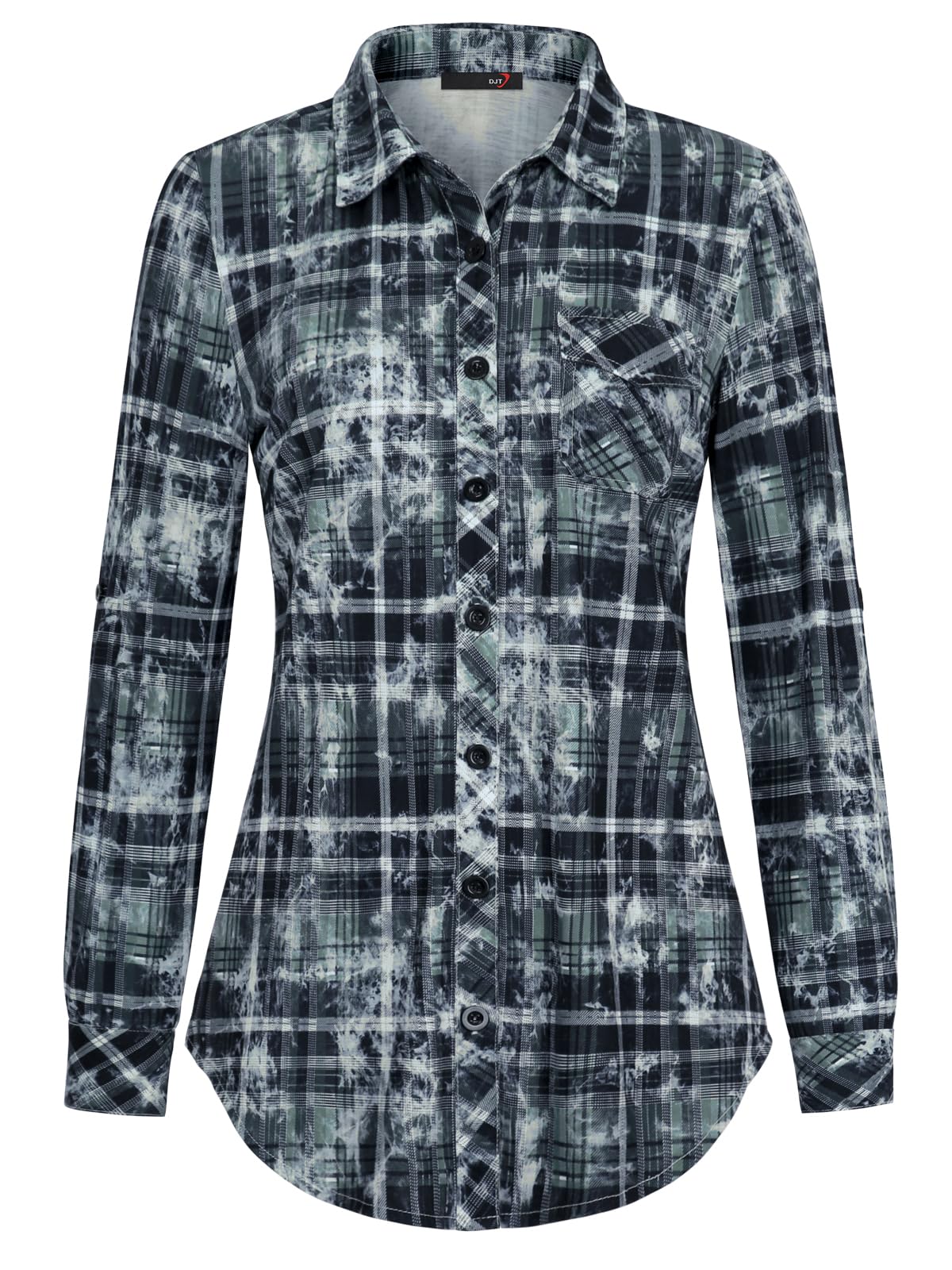 Roll Up Collared Short Sleeve Distressed Black Plaid Women’s Button Down Plaid Shirt