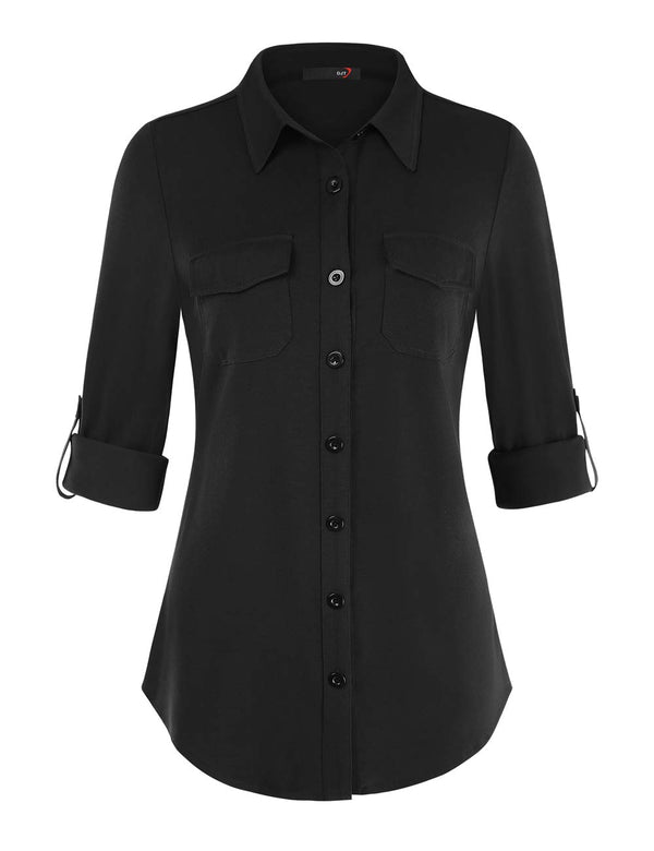 DJT Roll Up Long Sleeve Solid Black Women’s Collared Button Down Plaid Shirt