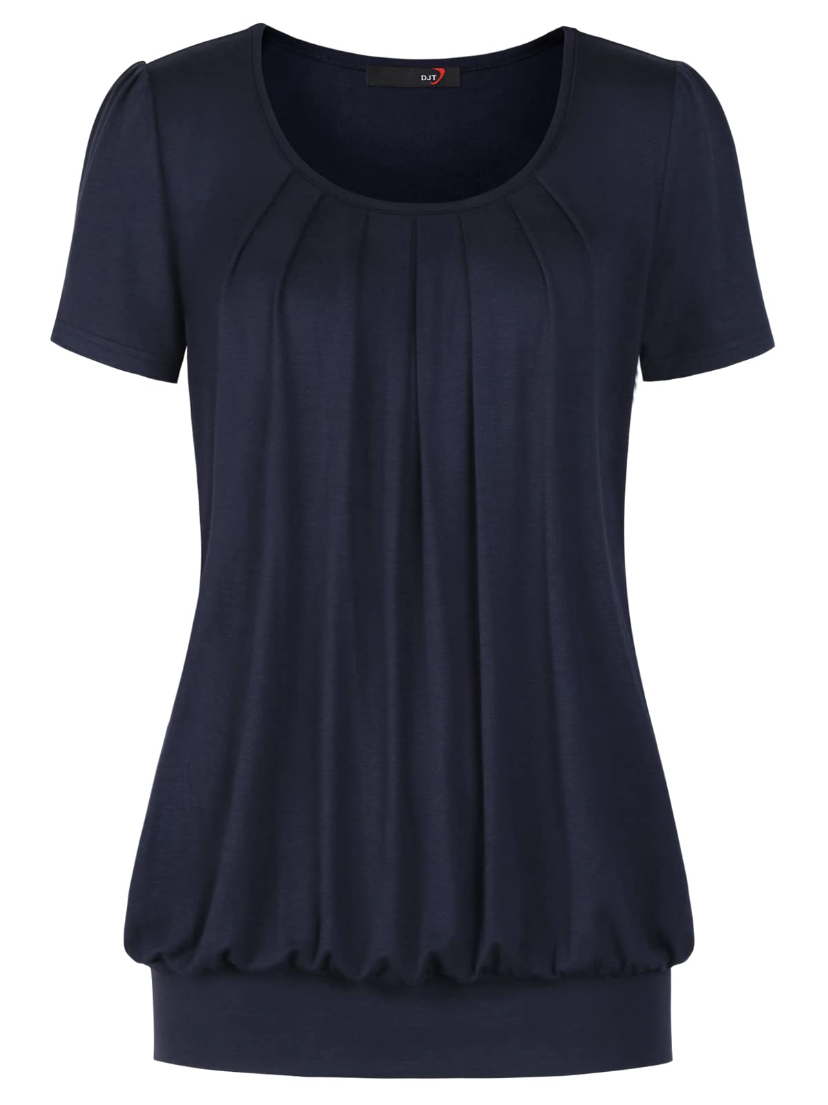 DJT Scoop Neck Navy Sleeve Women's Pleated Front Blouse Tunic Tops