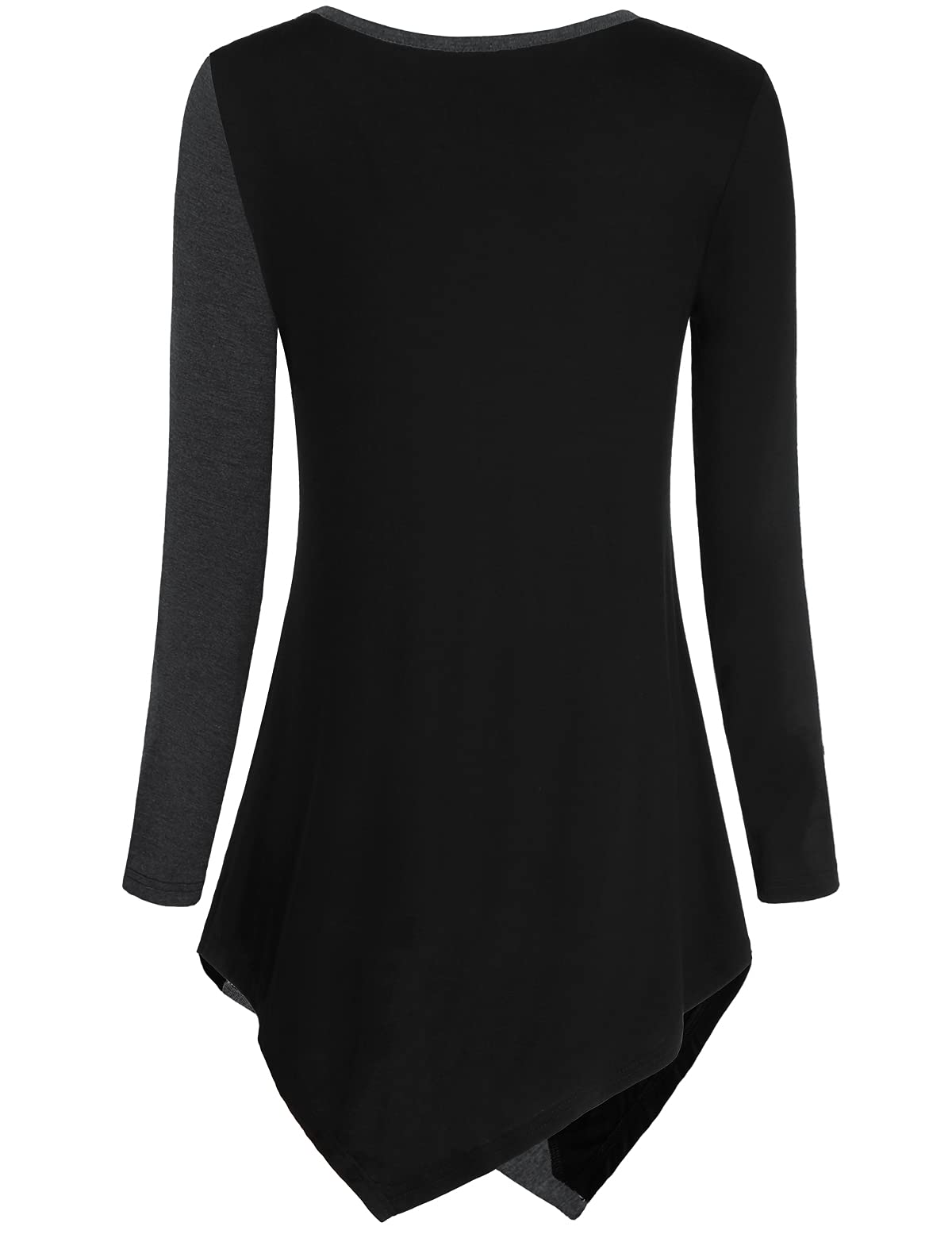 DJT Long Sleeve Black And Dark Grey Women's Tunic Shirts Scoop Neck Hanky Hem Color Block Stretch Casual Fall T Shirt Tops